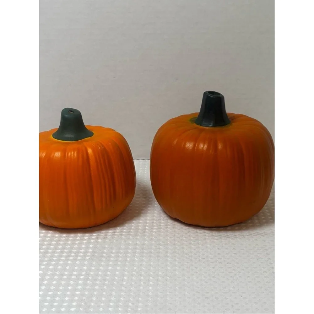 VTG Terracotta Hand Painted Jack O' Lantern Clay Pumpkin Halloween Luminary Duo